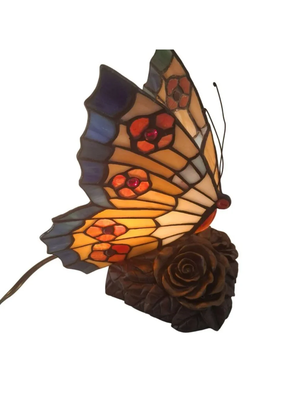 Tiffany Style Butterfly Stained Glass Lamp Bronze Floral Base  Vintage Quoizel